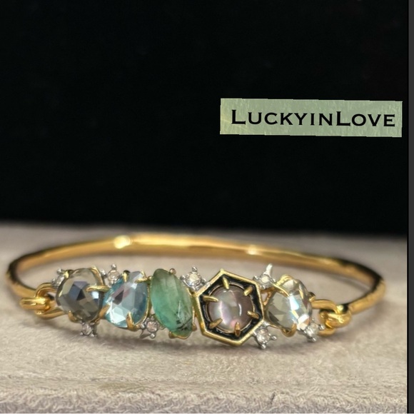 ALEXIS BITTAR • Green Blue Gemstone Black Enamel RARE Opalescent Cuff Bracelet